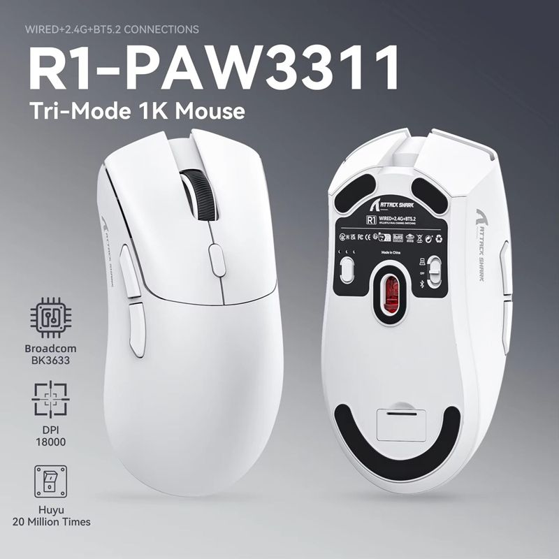 Attack Shark R1 Triple Mode Mouse, PAW3311 E-Sports Optical Sensor