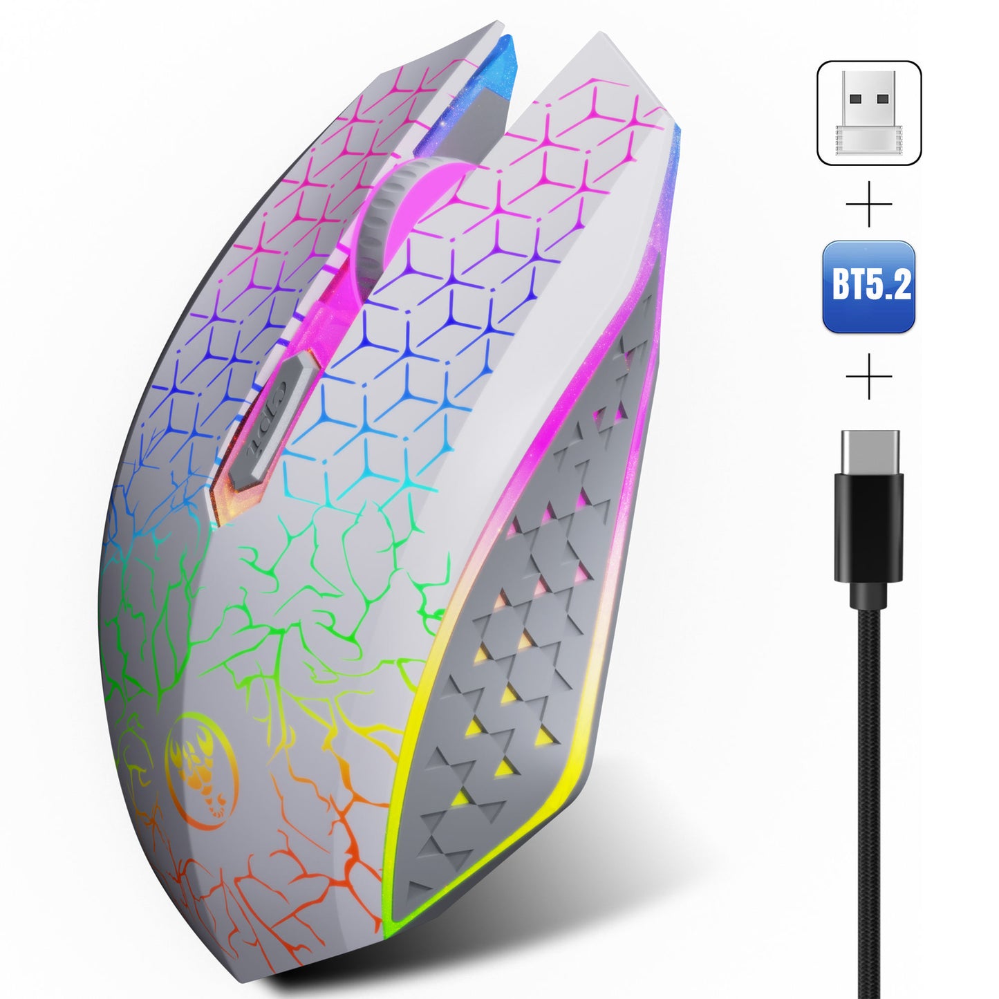 XSJ T34 6D Dual Wireless 3D Ergonomic Gaming Mouse 1600DPI RGB Backlit with Mute Button 500mAh Rechargeable