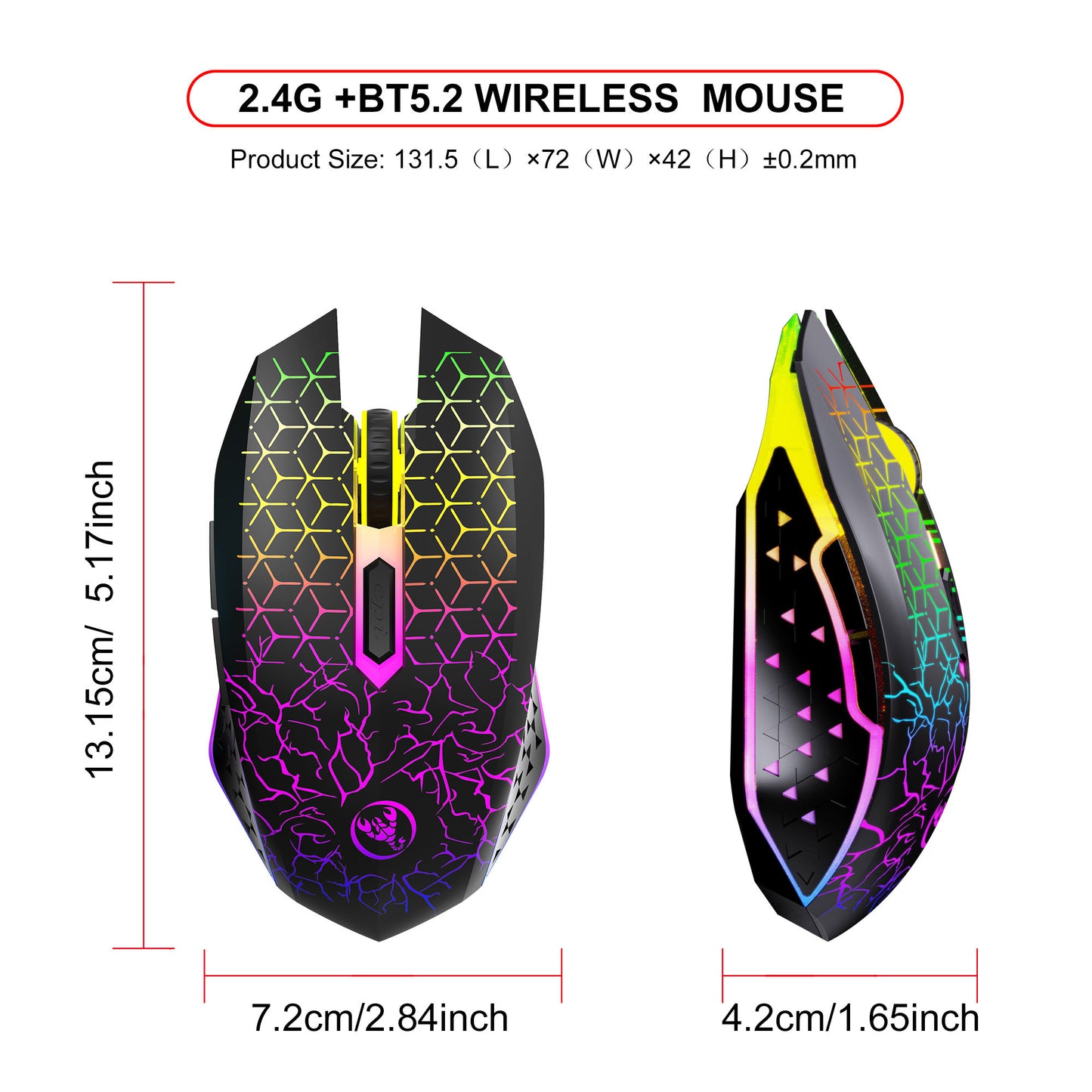 XSJ T34 6D Dual Wireless 3D Ergonomic Gaming Mouse 1600DPI RGB Backlit with Mute Button 500mAh Rechargeable