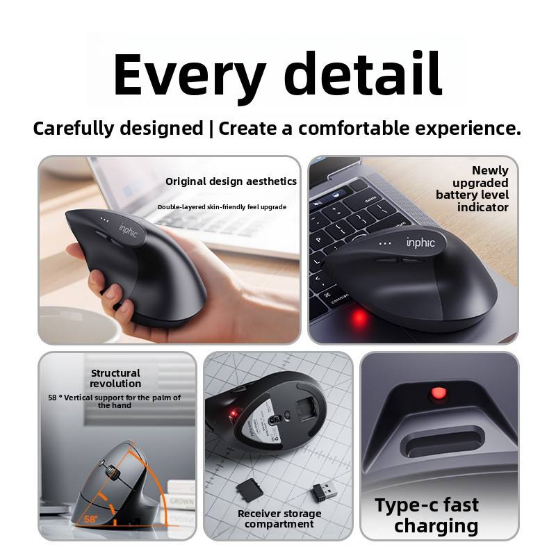 INPHIC X9 PRO Vertical Wireless Mouse Right-Handed 6 Buttons Rechargeable Ergonomic